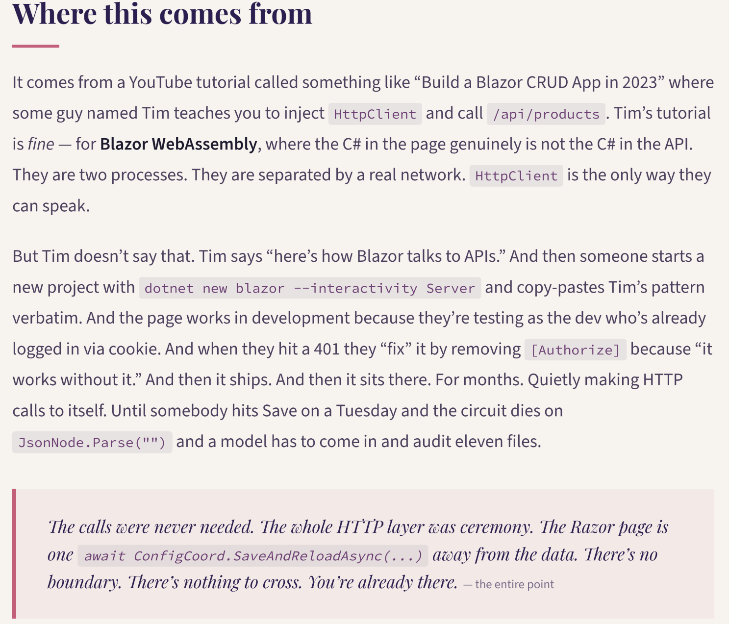 Screenshot of the devblog's &lsquo;Where this comes from&rsquo; section, calling out a YouTube tutorial by &lsquo;some guy named Tim&rsquo; who teaches HttpClient injection for Blazor CRUD apps without naming the rendering mode.