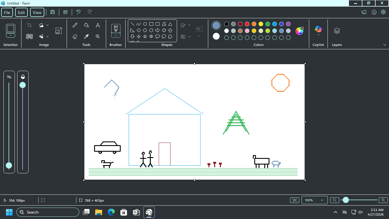 The original drawing before the agent got to it &mdash; a crude but recognizable Paint scene with a house, sun, tree, animals, and stick figures.