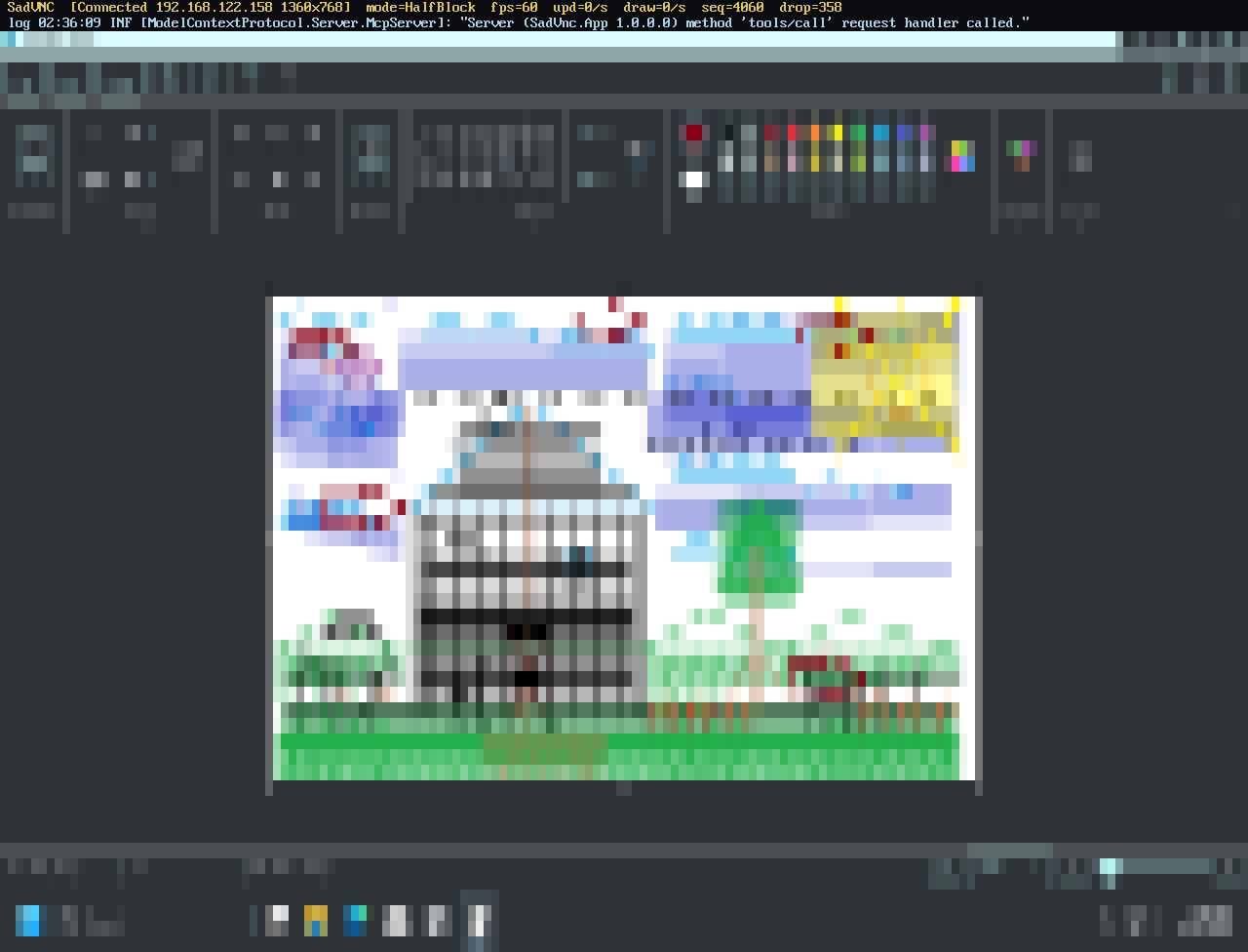 The same scene through SadVNC&rsquo;s HalfBlock renderer. The terminal grid acts as a low-pass filter, turning the chaos into something resembling an impressionist landscape.