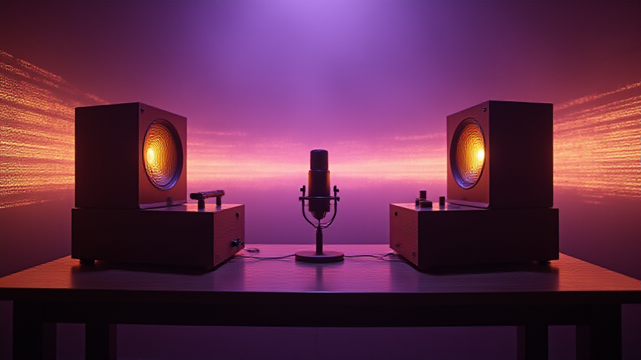 A dark violet room at night, two brass-and-walnut machines facing each other across a table; one emits glowing rings of sound that cross the gap as horizontal bands of amber and rose tone, dissolving into streams of text on the receiving side.