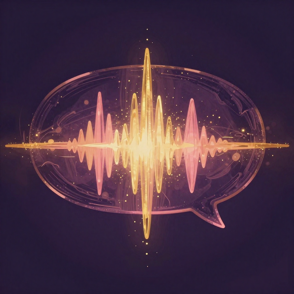 An abstract acoustic spectrogram glowing in rose, amber and gold on deep violet, its frequency bands organizing into the soft shape of a speech bubble as golden particles rise like tokens.